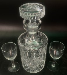 Fine Cut Lead Crystal Decanter & Stopper, 3.75' X 9.25'Hand 2-Clear Cordial Glasses