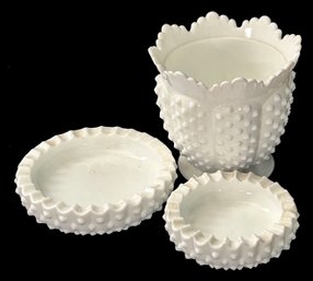 3 Pcs Vintage Feton Market Hobnail Milk Glass - 2-Ashtrays And Planter, 6.25' X 5.75'H