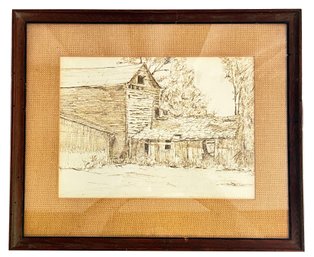 Vintage Burlap Matted Framed Original Drawing Of Barn On Paper, 21-1/8' X 17.5'H