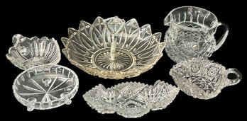 6 Pcs Vintage Glass Tabletop Serving Pieces, Leaded Water Pitcher, Candy Dishes And Others