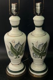 2 Pcs Matched Pair Porcelain Table Lamps With Lily Of The Valley Hand Painted Design, 30.5'H