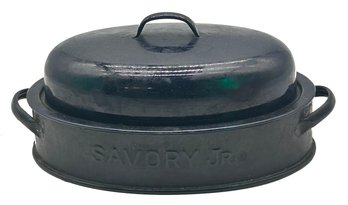 Vintage Oval Blue Enameled Metal Savory Jr Roasting Pan & Lid, 15' X 8.5' X 6.5'H