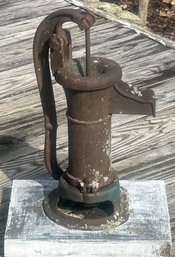 Antique Cast Iron Water Pump Mounted On Wooden Slab, 16.5'H