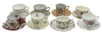 8 Sets Vintage Tea Cups & Saucers, Various Makers And Patterns