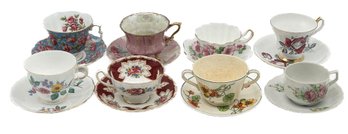 8 Sets Vintage Tea Cups & Saucers, Various Makers And Patterns