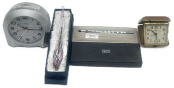 4 Pcs Chrome Cross Pen In Box, Blown Glass Pen In Box, Vintage Elgin Travel Clock & Seth Thomas Battery Clock