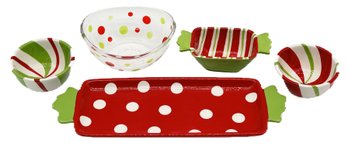 5 Pcs Christmas Holiday Candy Bowls, 4-Ceramic And 1-Acrylic, Red, Green & White