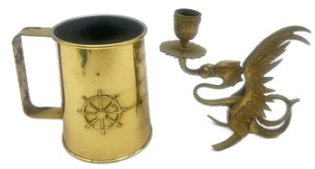 2 Pcs Solid Brass Griffin Themed Chamber Candlestick Holder, 5.25'H And Brass Tankard With Anchor