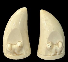 Antique Pair Alaskan Inuit Walrus Tusk Salt & Pepper Shakers Depicting Huskie Dogs, 2-7/8'H