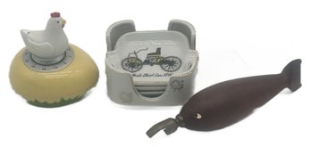 6 Pcs, Vintage Chicken Egg 60 Min Kitchen Timer, Woodend & Brass Whale Bottle Opener 6'L And 4 Pc Ashtray Set