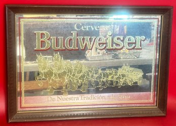 Vintage Framed Spanish Budweiser Cerveza (Beer) Advertising Mirror, 20.75' X 14.75'H