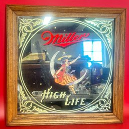 Vintage Framed Miller High Life Beer, Girl On The Moon, Advertising Mirror, 19' Sq