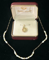 2 Pcs 14K Yellow Gold - 16' Gold Beads & Natural Pearls On Chain And Thinking Angel Pendant, Gross 2.80 Dwt