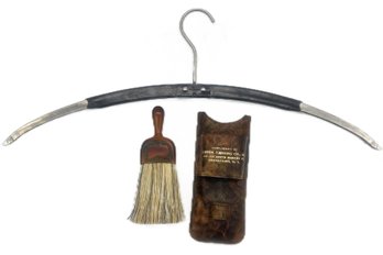 Vintage Embossed Leather Pouch With Advertising, Folding Travel Coat Hanger And Clothes Brush