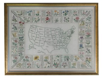 Large Vintage Framed Cross Stritch Of US States And State Flowers, 26.25' X 20'H