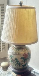 Vintage Oriental Lamp With Porcelain Body Resting On Round Rosewood Base, 10' Diam. X 20'H