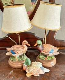 3 Pcs - Pair Of Ceramic Mallard Duck Boudoir Lamps And Resin Duck Figurine - 7.5 X 7.5 X 17' H