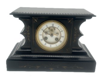 Stunning Antique Black Marble Mantle Clock, Porcelain Face, Glass Back, 12.25' X 6.25' X 8'H
