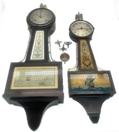 2 Pcs Banjo Clocks, New Haven 29'H & Ingraham, Both 8-Day Each With Maritime Themed Artwork