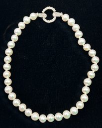 Elegant White Cultured Pearls And 14K White Gold (Safety Clasp) & Diamonds (?) Or CZ Bracelet, 7.75'L