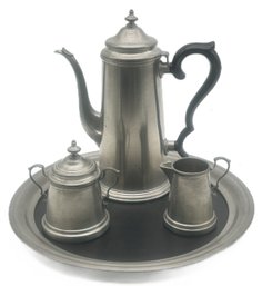 4 Pcs Vintage International Pewter Coffee Set, 14' Diam. Tray, Coffee Pot 11', Creamer & Covered Sugar Bowl