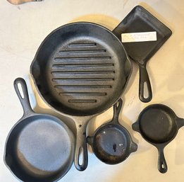 5 Pcs Cast Iron Skillets Pans, Including Square Griswold And 2-Ashtray One With Painted Cardinal