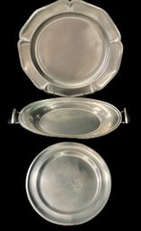 3 Pcs Vintage Pewter, 13.25' Oval Bread Tray By Rice, 12' Diam Int'l Silver Plate And American Eagle Etched