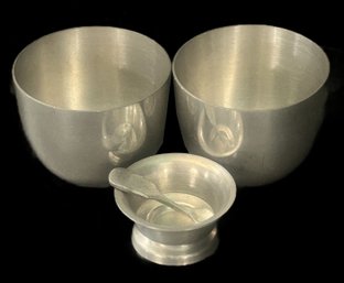 3 Pcs Vintage Pewter, 2-Sieiff Jefferson Cups, 3-1/8' Diam. X 2.5'H And Footed Salt Bowl & Spoon