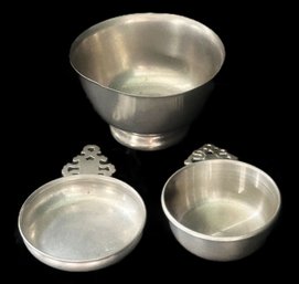 3 Pcs Vintage Pewter, Revere Style Footed Bowl, 5' Diam. And Two Measures