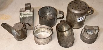 7 Pcs Vintage Metal Kitchenware - Scoop, Biscuit Cutters, Shakers, And Other