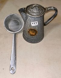 2 Pcs Vintage Gray Enamelware - LaFayette Coffee Pot And Ladle