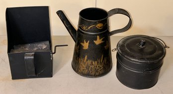 3 Pcs Black Metal Kitchenware - Stenciled Coffee Pot, Scoop Sifter & Lidded Pail With Swing Handle