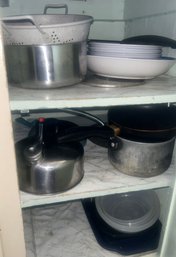 Kitchen Cabinet Door With Water Kettle, Tin Colander, Pots And Other Items