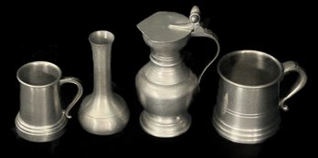 4 Pcs Vintage Pewter, 2-Measures, Vase 4'H And Syrup Pitcher With Double Acorn Finials