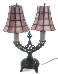 Vintage Cast Iron Double Light Lamp With Pink Slag Glass Leaded Shades, 12' X 5.5' X 15'H