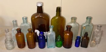 18 Pcs Antique And Vintage Bottles And Jars - Aqua, Cobalt, Brown, Green, Clear - Some Embossed