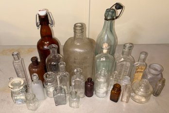 25 Pcs Antique And Vintage Glass Bottles And Jars, 1-Paper Label, Some Embossed, Varying Sizes