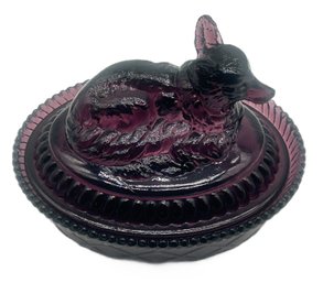 Vintage Oval Amethyst Glass Laying Fox Nesting Covered Candy Dish, 7.5' X 6' X 6'H, Embossed 'K' On Verso