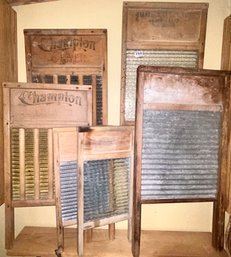 6 Pcs Vintage Wash Boards, Wood And Brass, Tin And Glass, Varying Sizes And Makers