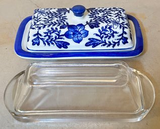 2 Sets Covered Butter Dishes, Nantucket Blue & White And Clear