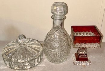 3 Pcs Vintage Glasswares - Sq Cranberry & Clear Compote, Rd Lidded Candy Dish And Decanter With Stopper