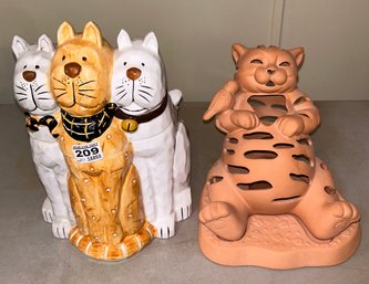 2 Pcs - Terra Cotta Party Time Garfield Style Votive Holder And Ceramic 3-Cat Cookie Or Treat Canister