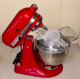 Nice Red Enameled KitchenAid Countertop Mixer With Accessories