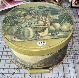 12' Diam. Green Painted And Decoupaged Pantry Box With Swing Handle With Sewing Notions Contents