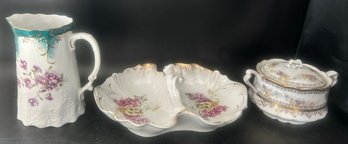 3 Pcs Vintage Porcelain , Pitcher 7.5'H, Double Divided Serving Bowl With Handle And Cache Pot