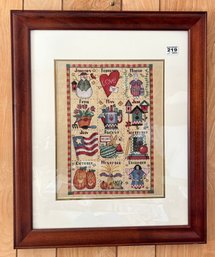 Well Executed Needlepoint Sampler, Matted & Framed Depicting Each Of The 12 Months, 19.25' X 23.25'H