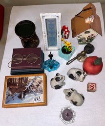 Various Tabletop Decor Items Including 3 Ceramic Pigs, Wooden Box With Tile & Deer And More