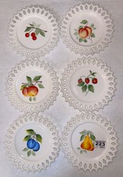 6 Pcs Vintage Milk Glass Coasters With Reticulated Boarders,  Hand Painted With Fruit