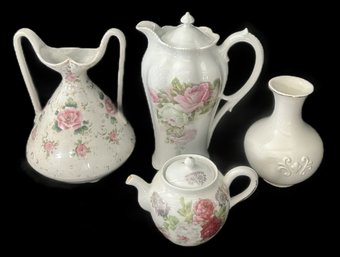 4 Pcs Antique Porcelain, Double Handled Vase, Chocolate Pot, 9'H, Tea Pot & Vase