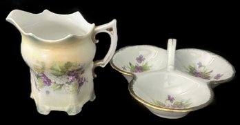 2 Pcs Antique Porcelain With Floral Design, Creamer 4'H And Tri-Divided Finger Grip Candy Dish